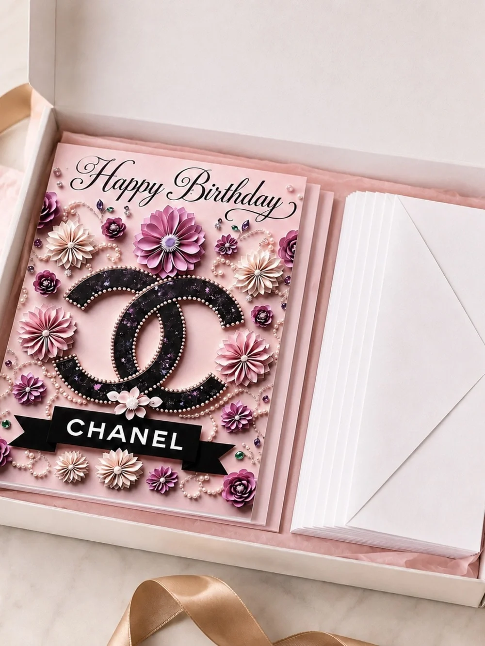 Luxury Pink Chanel Birthday Card Set of 6 with Envelopes